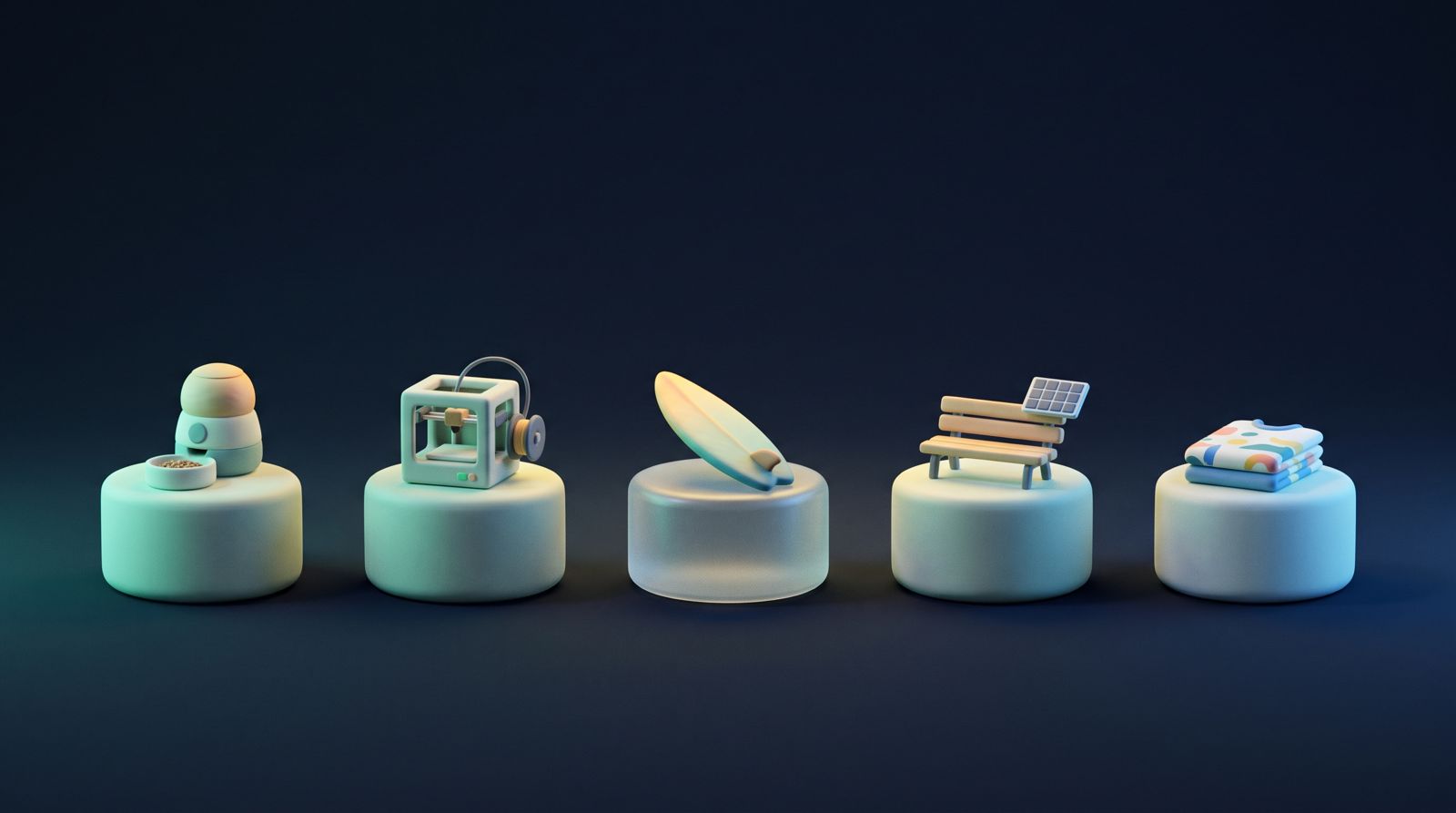 Five small clay prototypes on round pedestals: a cat feeder, a compact 3D printer, a surfboard, a park bench with a solar panel and a stack of printed T-shirts.
