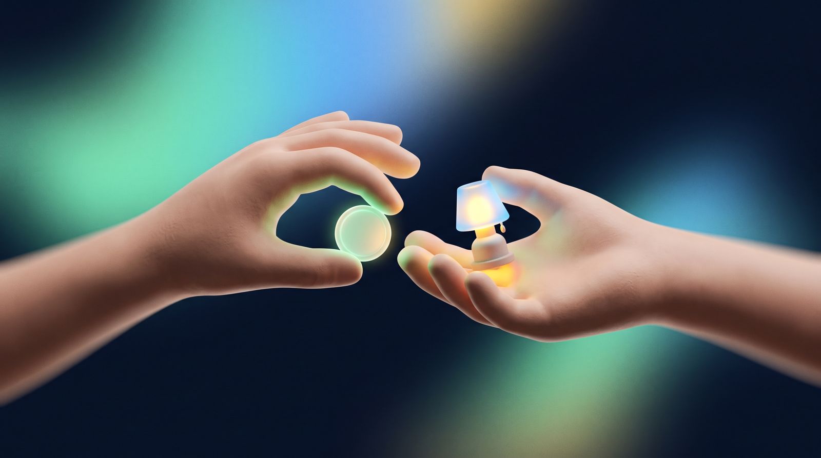 One hand offers a glowing glass coin while another hand holds out a small glowing lamp, the thing the coin helped make.